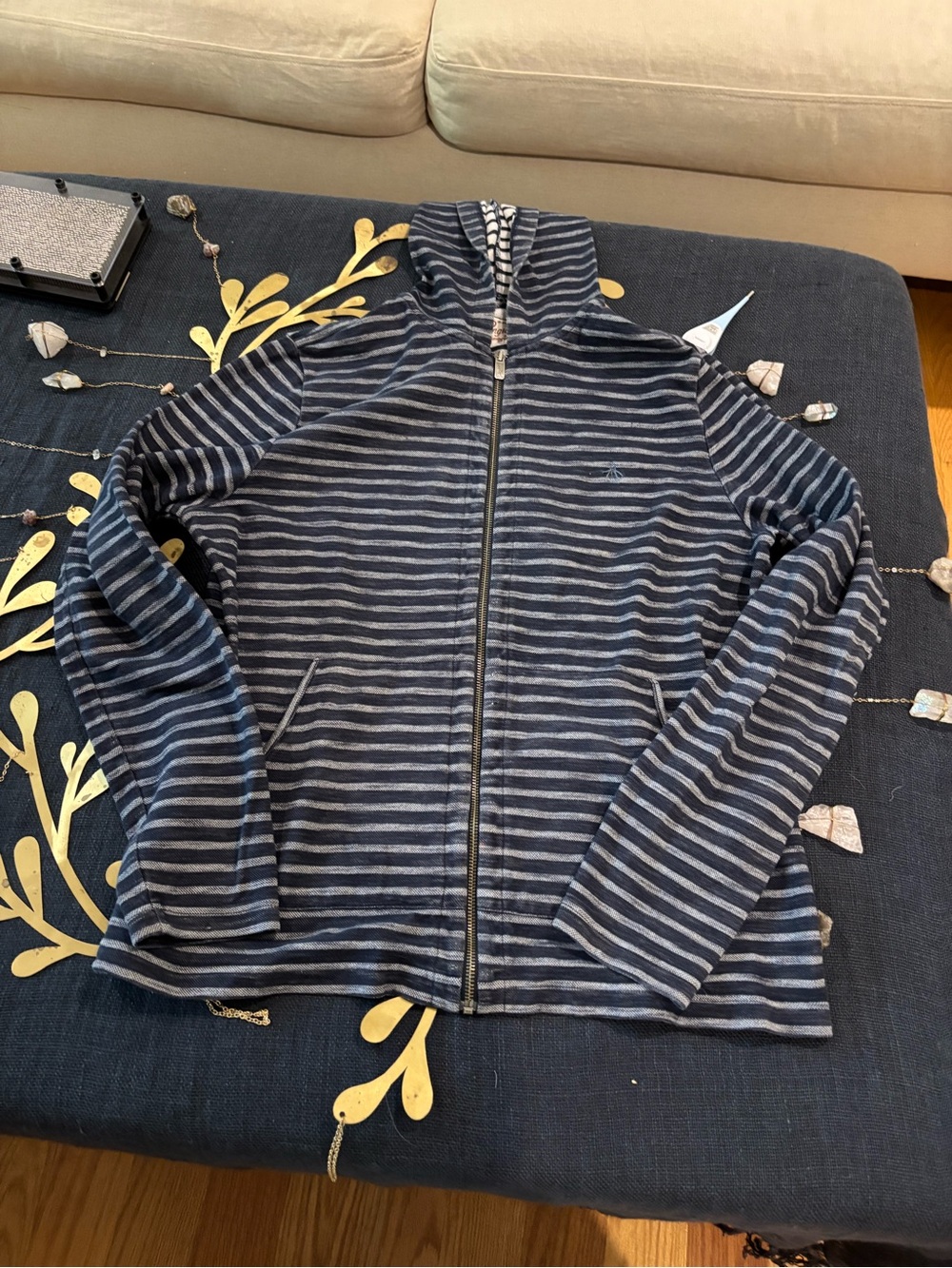 Original Penguin Men's Navy and Gray Striped Zip-Up Hoodie